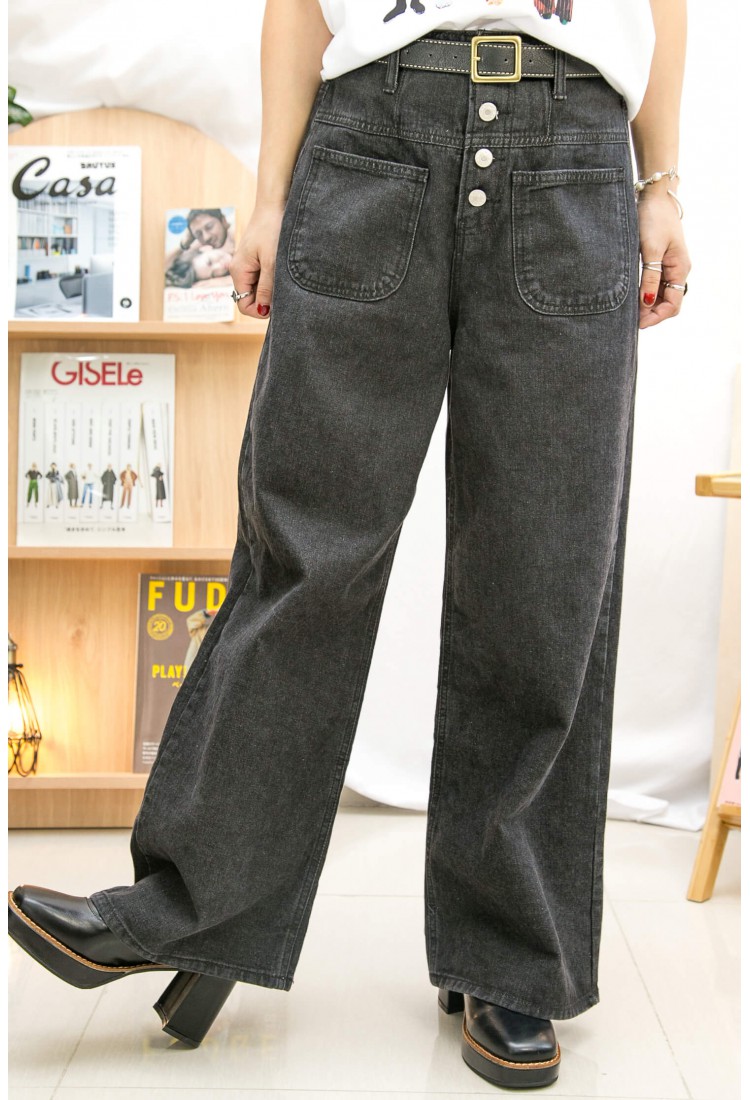 2215-1154A-Vintage -後腰橡根 ‧ 前腰排扣鈕 ‧ 牛仔水筒褲 (韓國) 